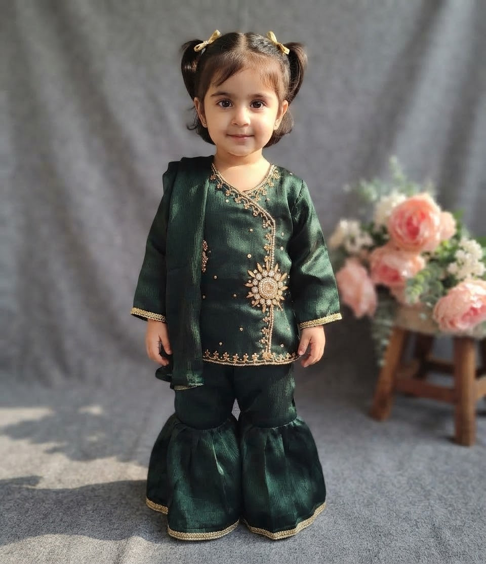Girls' Emerald Festive Sharara Set with Gold Embellishments