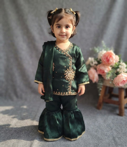 Girls' Emerald Festive Sharara Set with Gold Embellishments