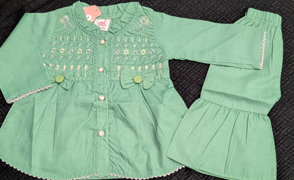 Infant sage green embroidered peplum top and matching ruffled gharara pants.