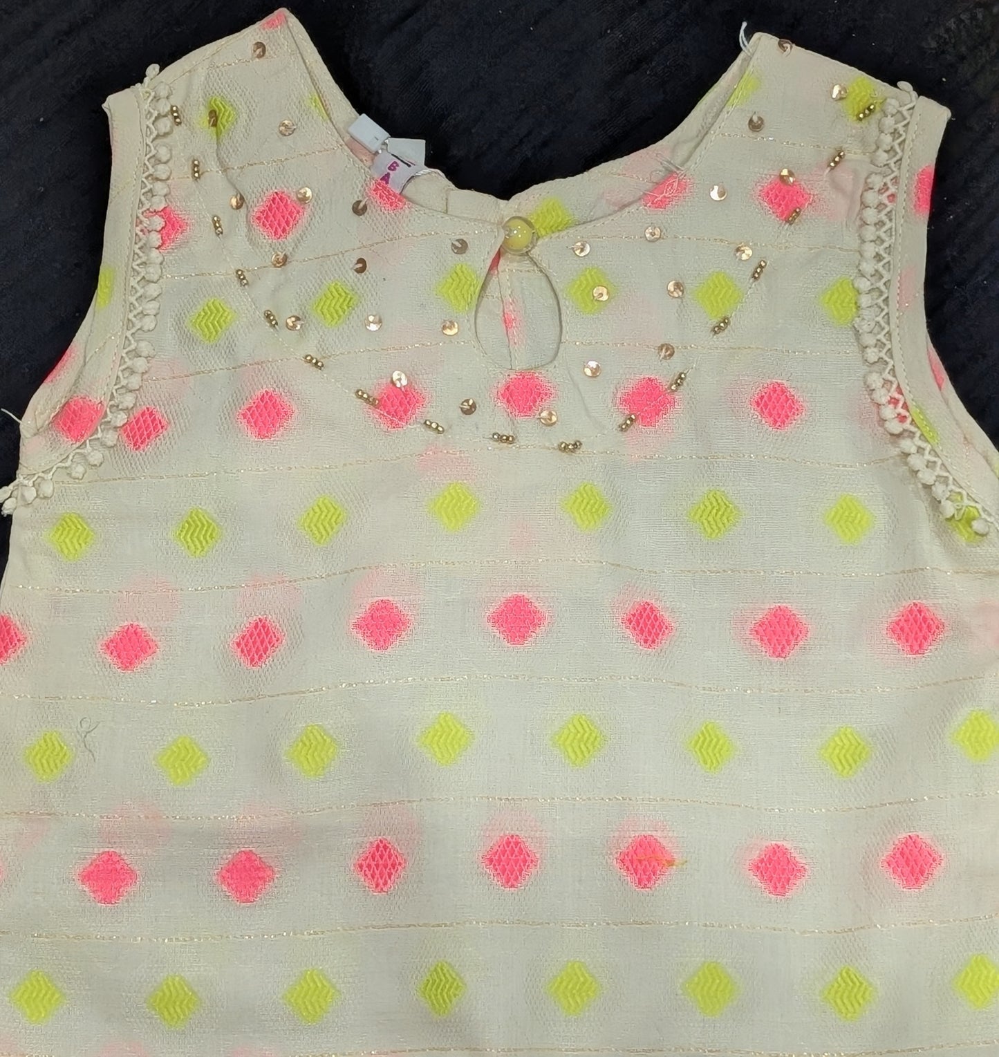 Infant lawn sleeveless tunic and matching wide-leg trousers with pink and lime green diamond patterns