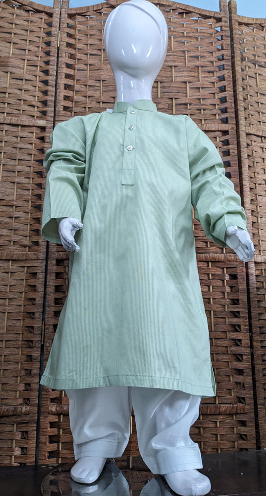 Boys sea foam green self print cotton kurta with white trouser