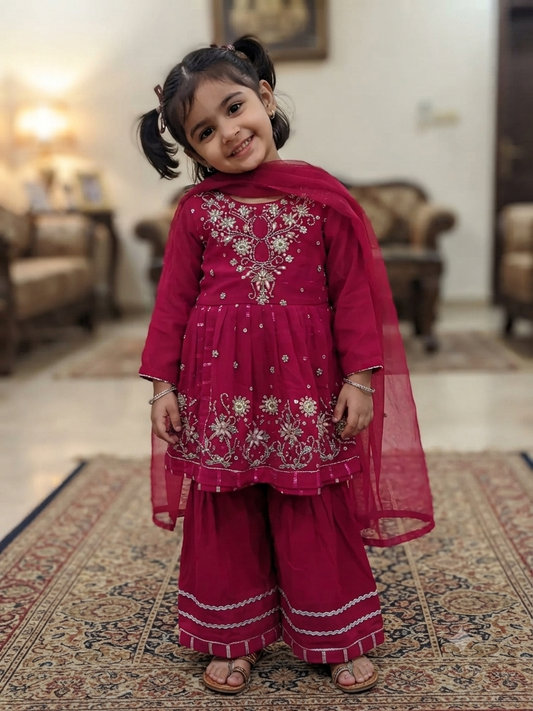Girls magenta front-open chiffon frock featuring intricate hand embroidery, paired with a matching gharara accented by gotta lace trim and a coordinating chiffon dupatta.