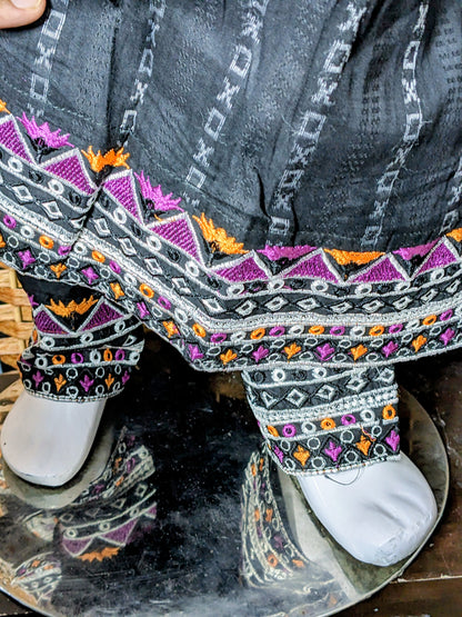 Girls black fully embroidered cotton focks with trouser