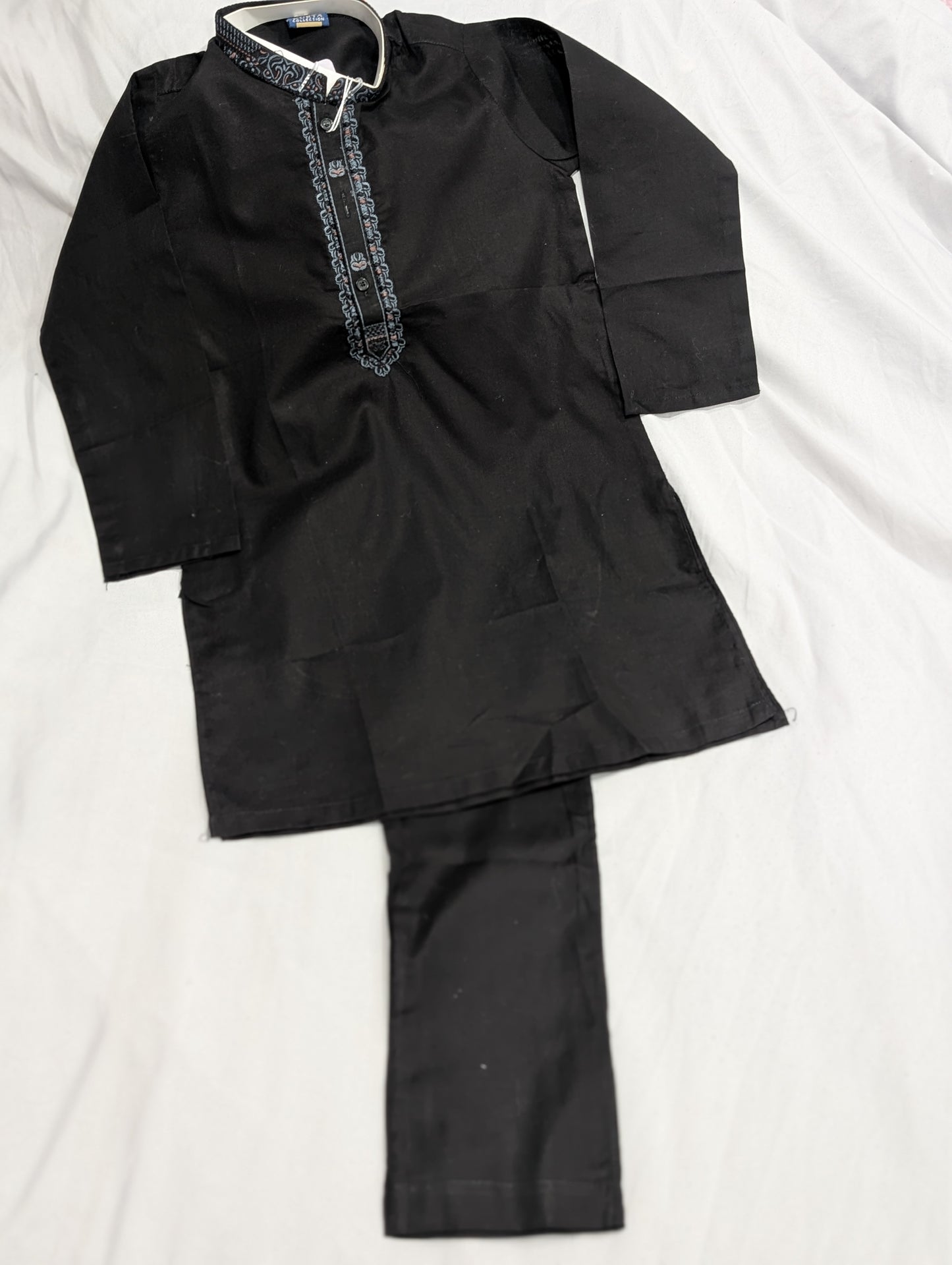 Boys' black neck embroidered kurta and matching pants