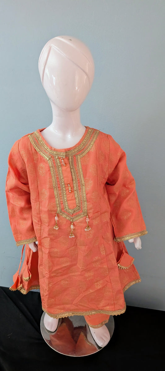 Girls peach and golden air line shirt with matching trouser