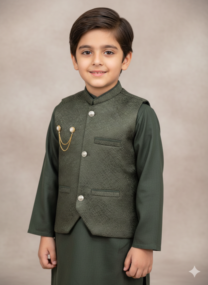 Boys' olive green kurta pyjamas with a matching pattern waistcoat