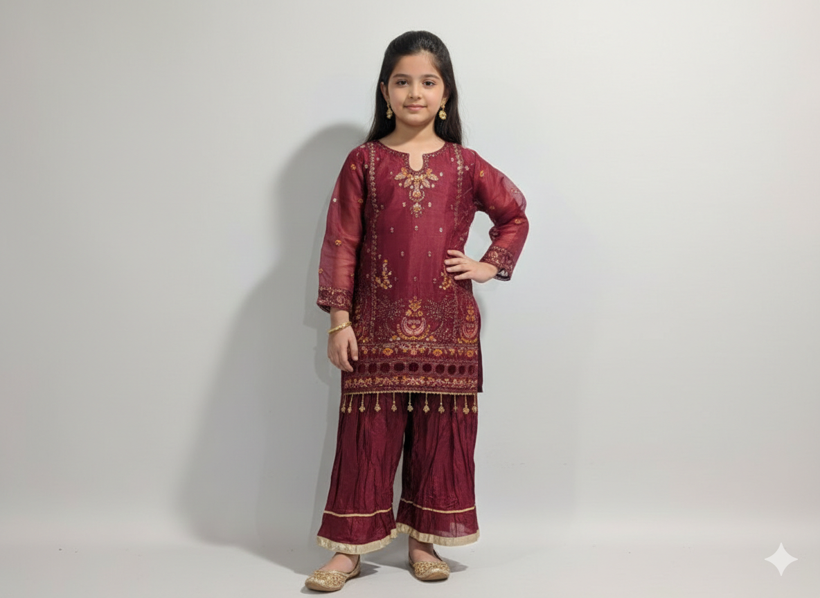 Girls maroon sequence work and embroidered shirt with crush gharara and net dupatta