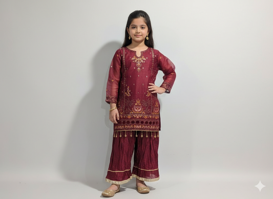 Girls maroon sequence work and embroidered shirt with crush gharara and net dupatta