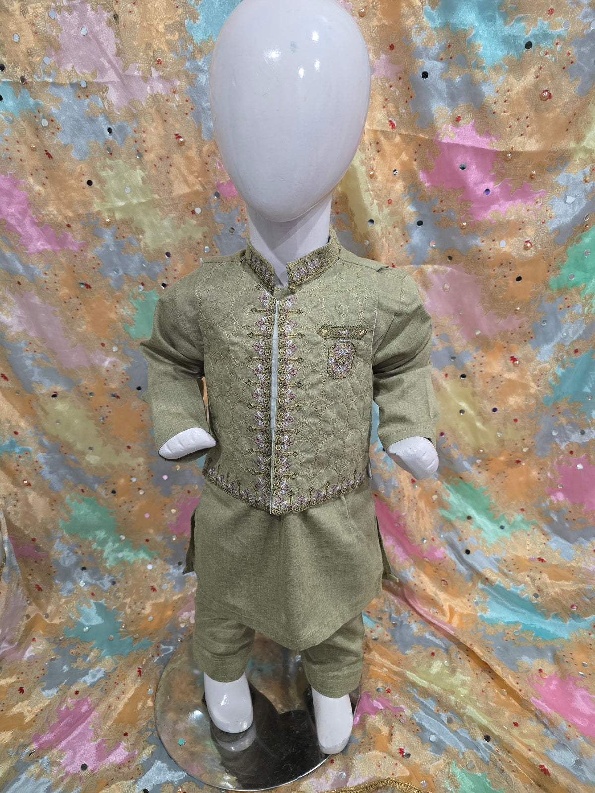 Infant viscose embroidered kurta pyjama with embroidered waistcoat