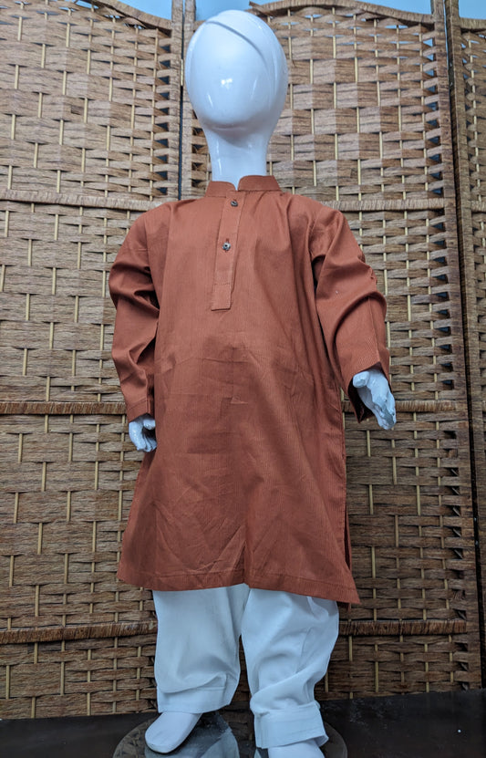 Boys brown self print cotton kurta with white trouser