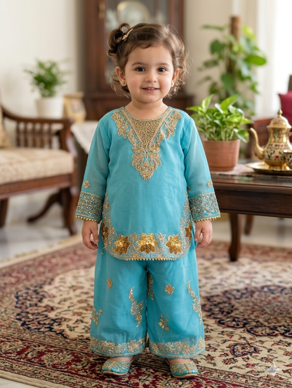 Girls turquoise gharara pants  featuring intricate, heavy gold embroidery, sequins, and zardozi-style detailing along the neckline, cuffs, curved hem, and pants.