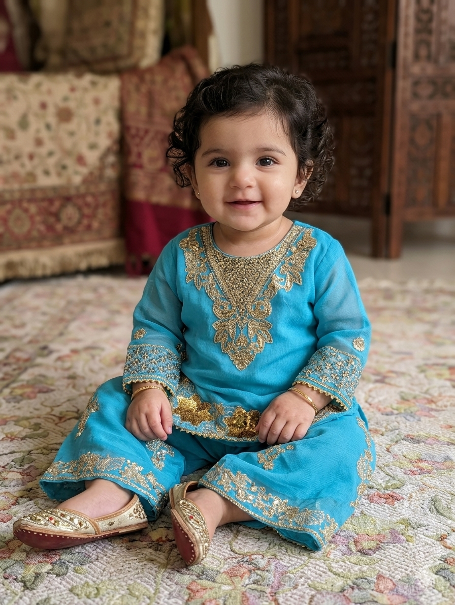 Girls turquoise gharara pants  featuring intricate, heavy gold embroidery, sequins, and zardozi-style detailing along the neckline, cuffs, curved hem, and pants.