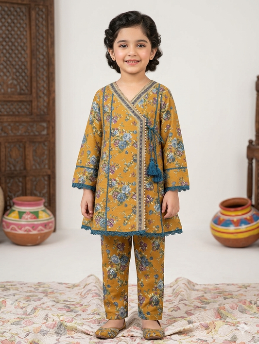 Girls mustard-yellow  cord set with a floral print, featuring an angrkha style tunic with tassel and matching straight-cut trousers (binsaed kids collection)