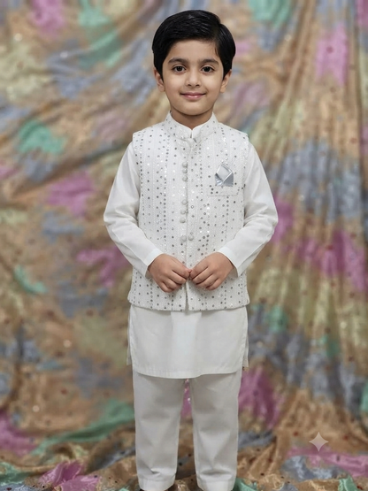 Boys white cotton kurta pyajama with jamawar waistcoat