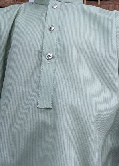 Boys sea foam green self print cotton kurta with white trouser