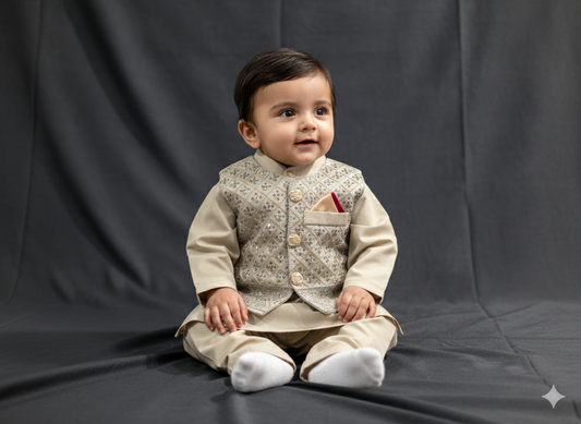 Boys' beige/khaki cotton kurta pajama set with a sequence work waistcoat (normal quality).