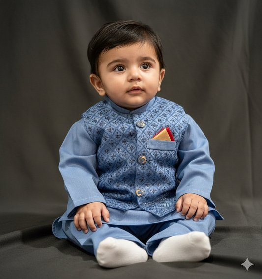 Boys' dusty blue cotton kurta pajama set with a sequence work waistcoat (normal quality).