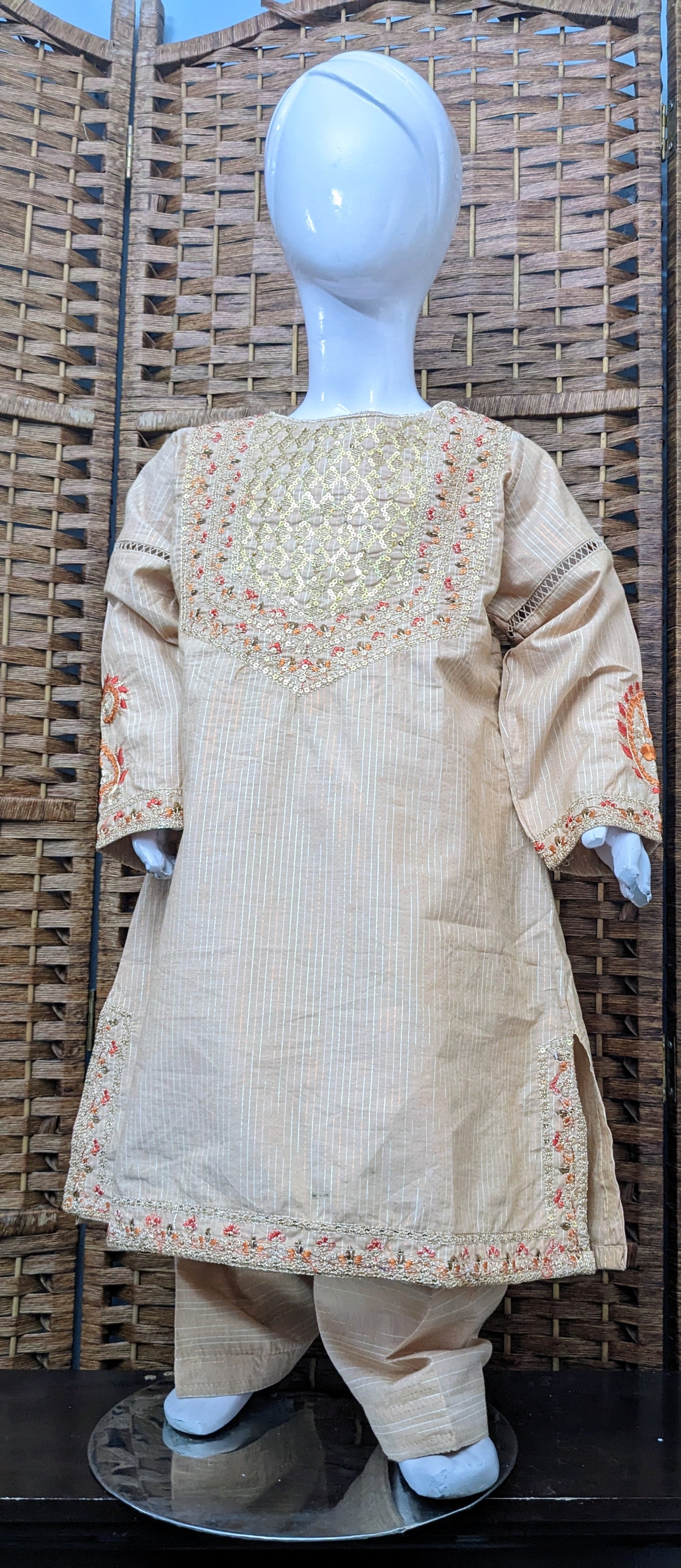 Girls beige fully embroidered kurta with shelwar