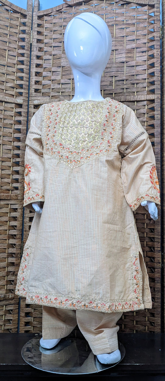 Girls beige fully embroidered kurta with shelwar