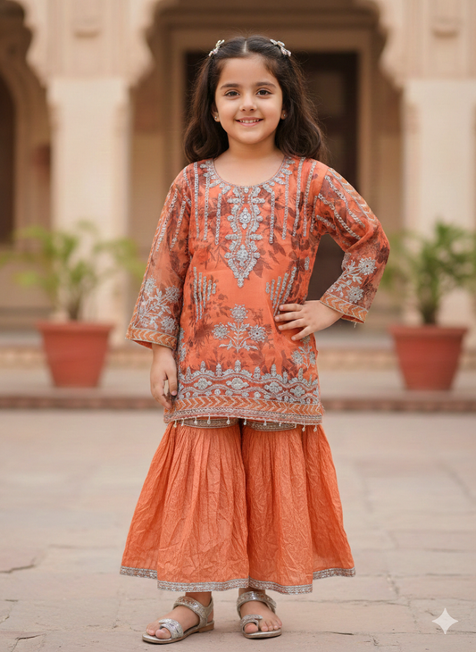 Girls' chiffon shirts featuring embroidery, self-print, and stylish sleeves, paired with a crushed gharara and net dupatta.