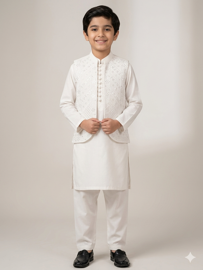 Boys white cotton kurta pyajama with sequence work matching Waistcoat