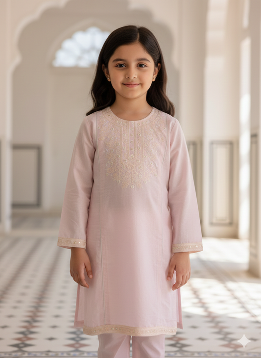 Girls cotton blush pink kurta with off-white embroidery around the neckline and borders with matching pants