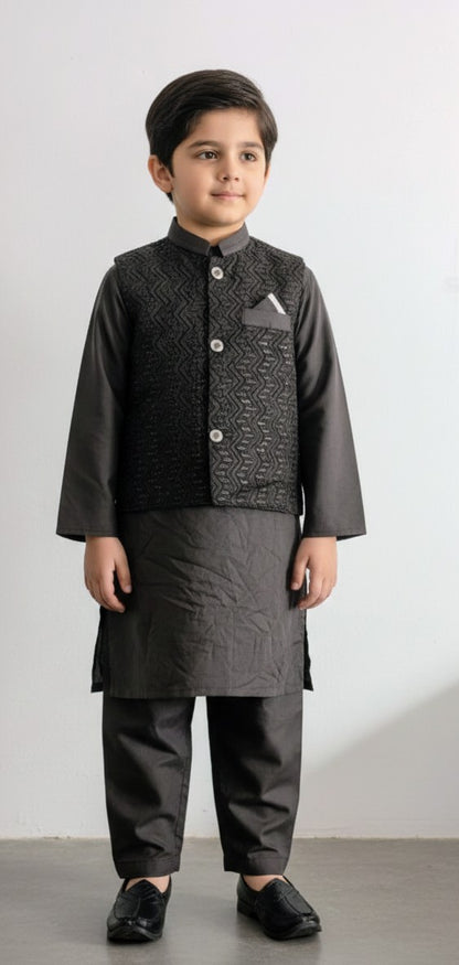 Boys black kurta pajama with matching sequences work waistcoat