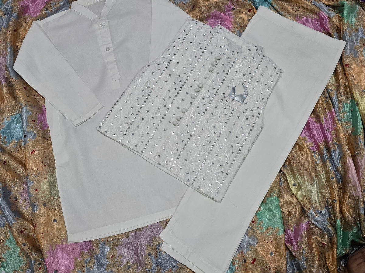 Boys white cotton kurta pyajama with jamawar waistcoat