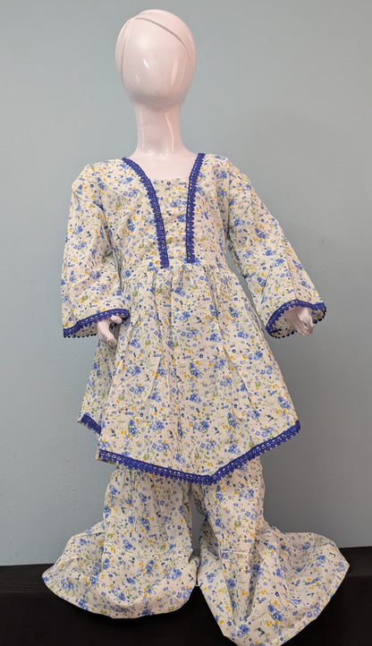 Girls lawn floral summery peplum frock with gharara style pants and yellow dupatta