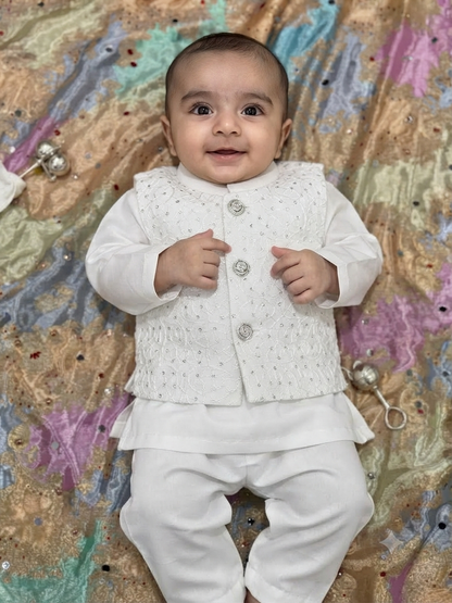 Infant white cotton kurta pyjama with embroidered Waistcoat
