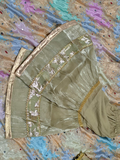 Girls /Olive-gold/  hand-embroidered /silk/ short kurta paired with matching flared gharara and sheer dupatta.
