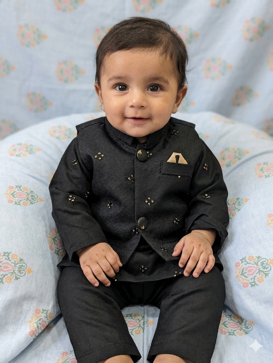 Infant black traditional  embroidered waistcoat, a matching  kurta, and coordinating pants,