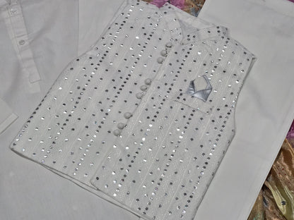Boys white cotton kurta pyajama with jamawar waistcoat