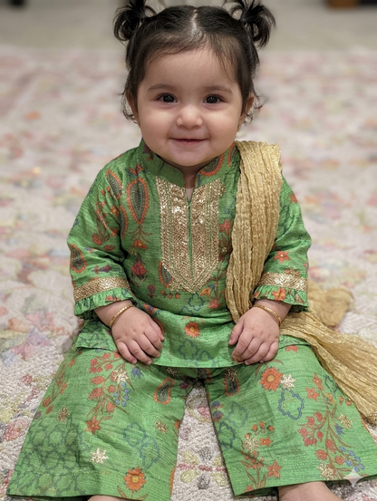 Girls viscose printed & embroidered shirt with plazo and net duapatta
