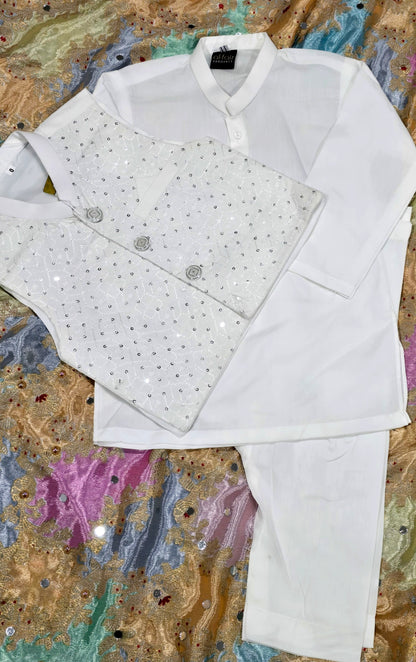 Infant white cotton kurta pyjama with embroidered Waistcoat