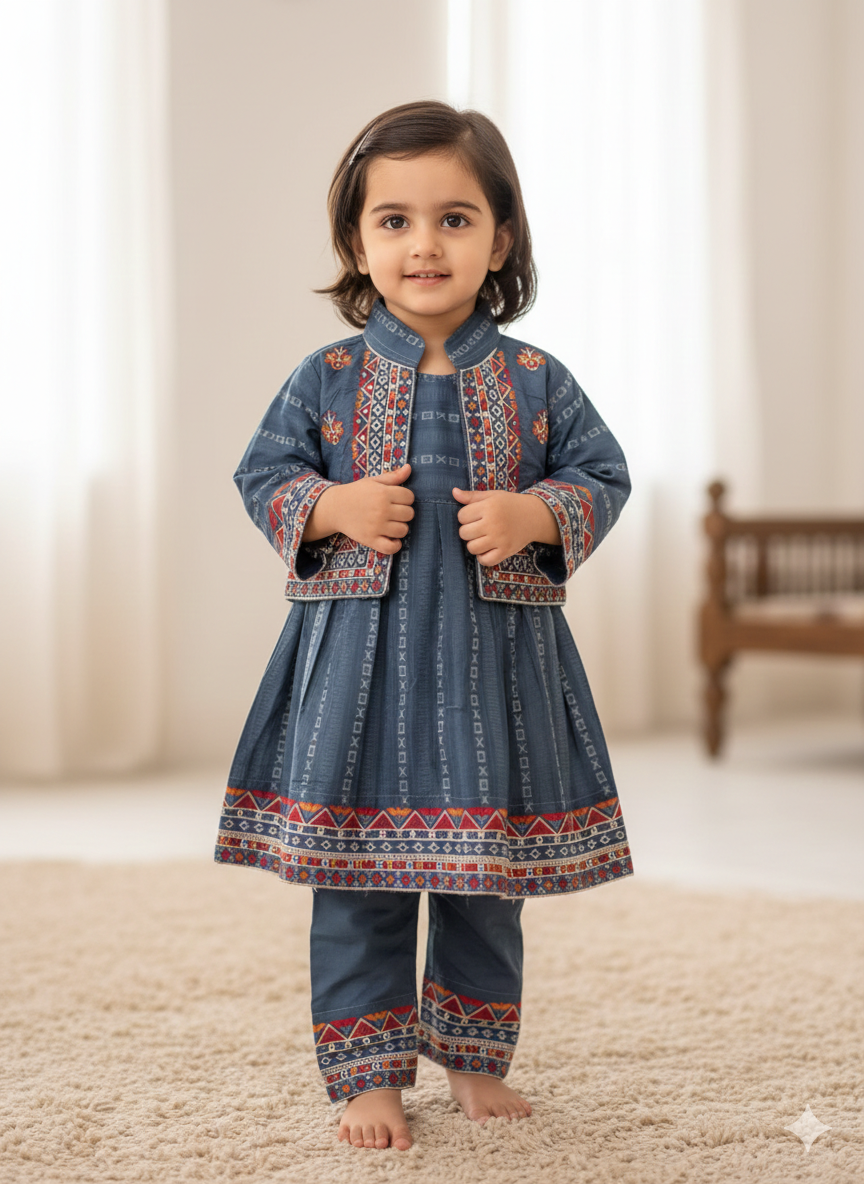 Girls cotton embroidered frock with waistcoat and matching pants