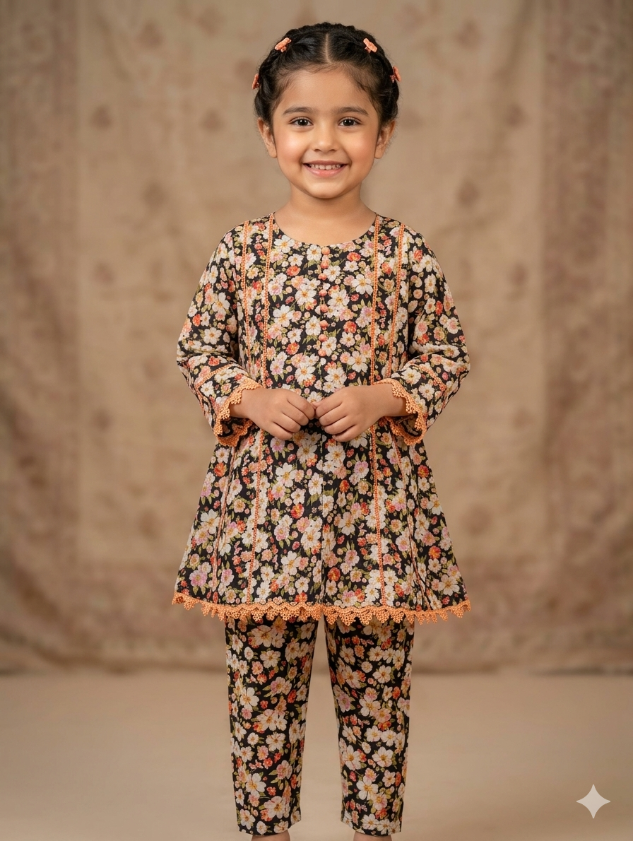 Girls black floral-print cord set line tunic with orange lace trim details and matching straight trousers.(Binsaeed kids collection)