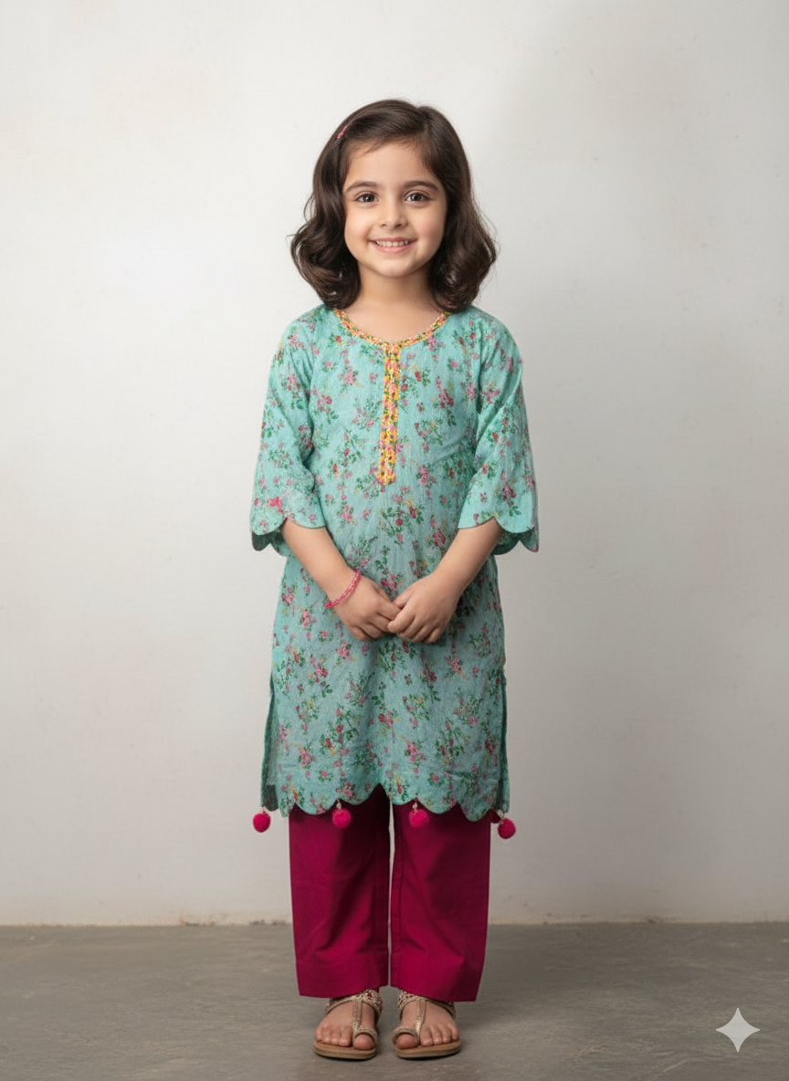 Girls printed lawn kurta  with mix and match trouser