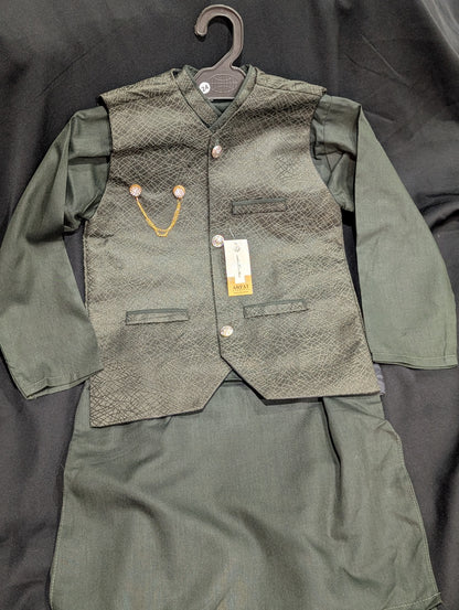 Boys' olive green kurta pyjamas with a matching pattern waistcoat