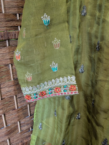 Girls green organza embroidered shirt with orange gharara