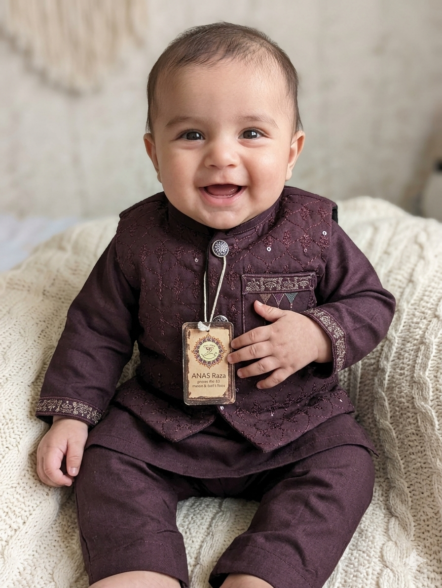 Infant maroon Kurta pyjama set featuring a textured, embroidered waistcoat,