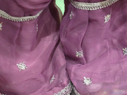 Girls Mauve Embroidered 3-Piece Set: Organza kurta with a pearl-beaded yoke, matching embroidered gharara  and a lightweight dupatta.
