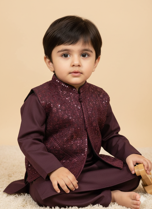 Boys burgundy kurta pajama set with a sequence work waistcoat