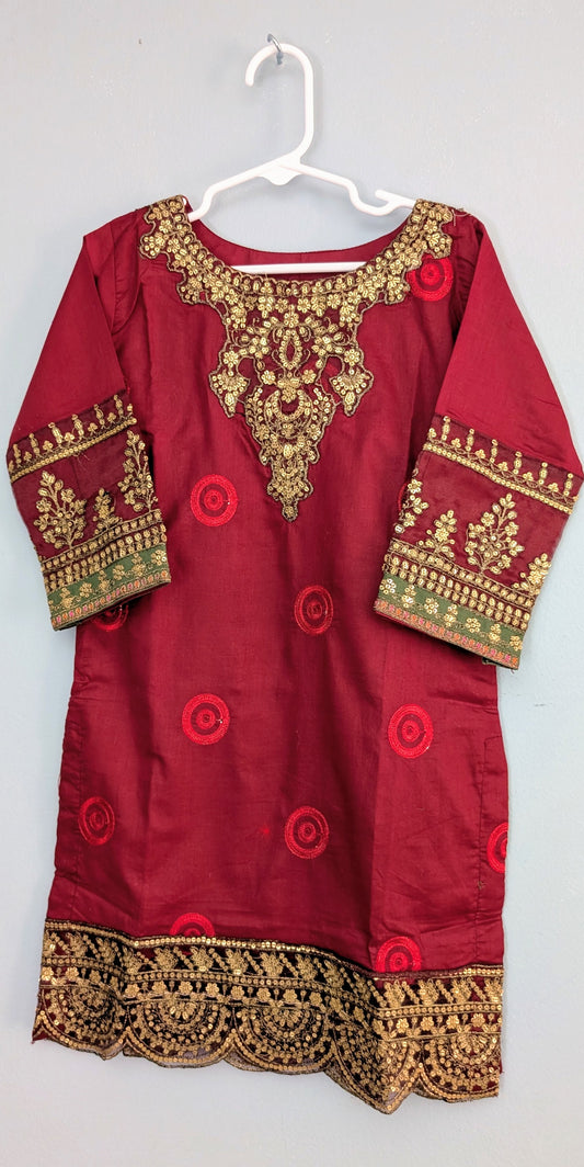 Girls maroon fully embroidered lawn kurta with matching trouser and gold dupatta.