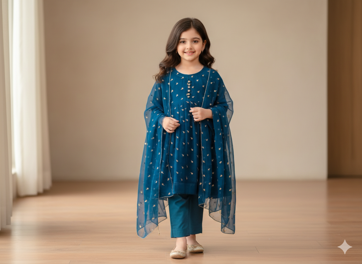 Girls blue shafoon frock with matching dupatta and trouser