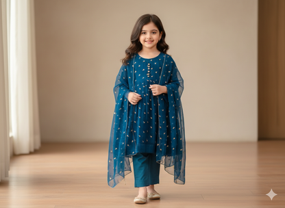 Girls blue shafoon frock with matching dupatta and trouser
