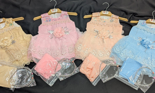Baby girl's fancy frock with matching pants and headbands (available in four colors)