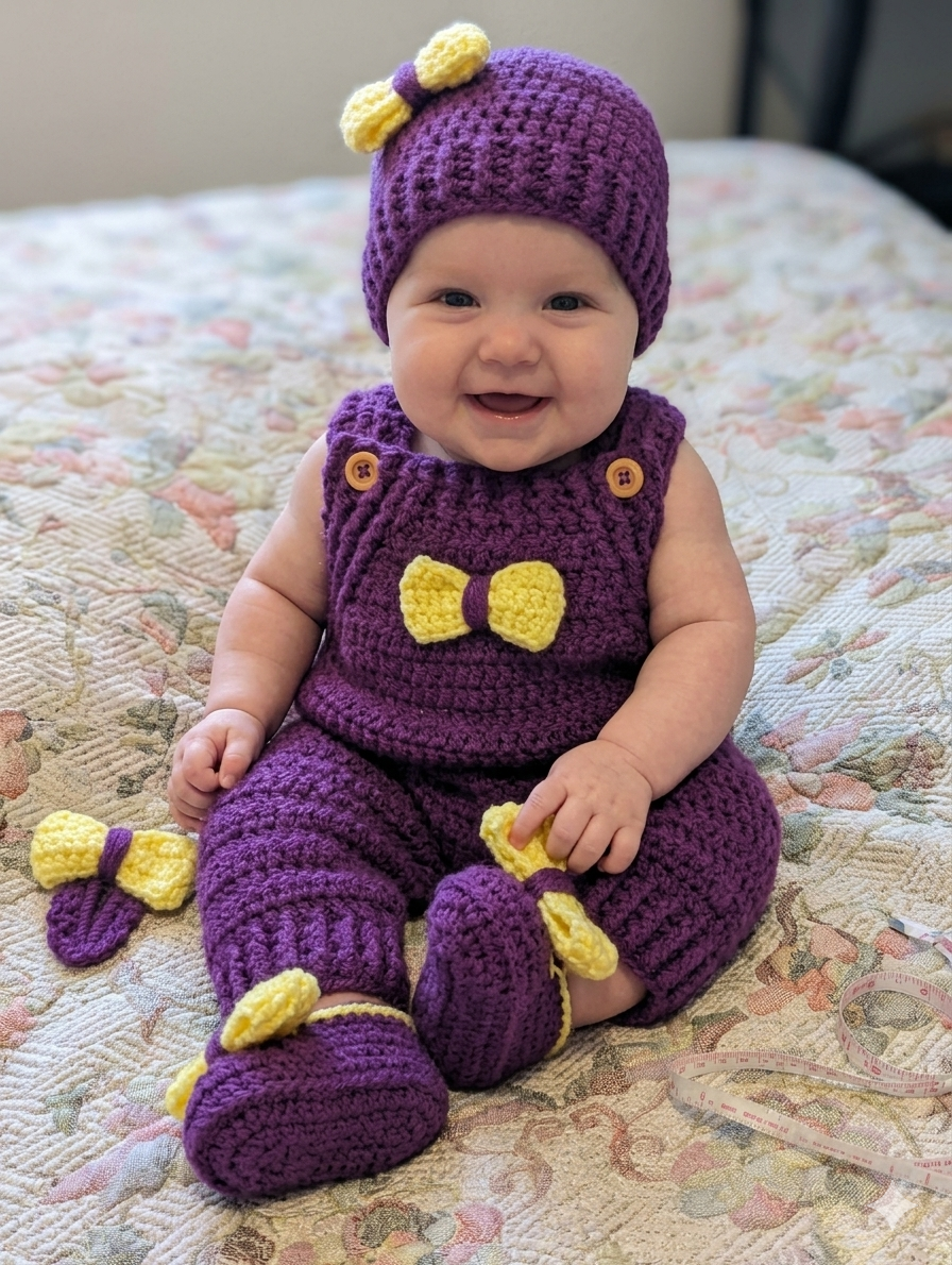 Infant girls handmade purple crochet baby set featuring a matching hat, booties, and a hair pin