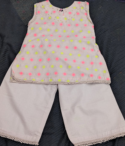 Infant lawn sleeveless  tunic kurta  and matching wide-leg trousers with pink and lime green diamond patterns