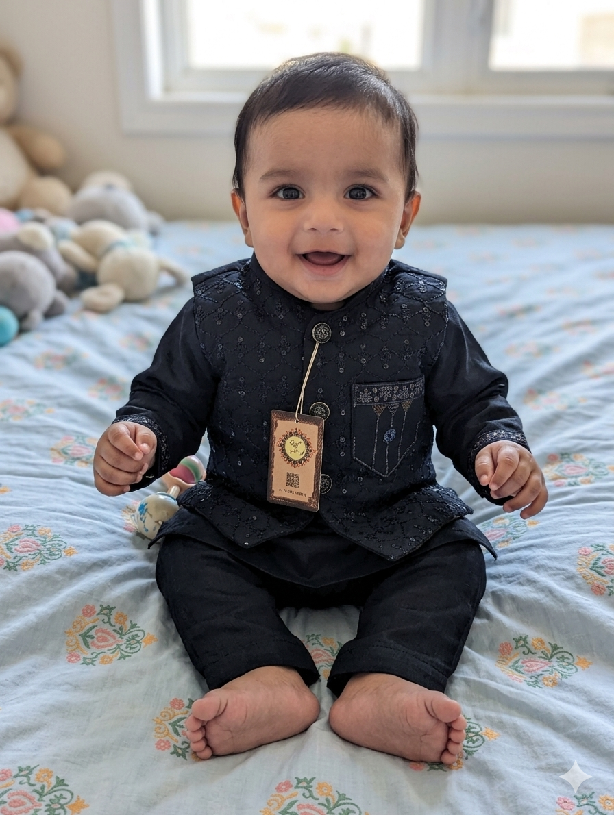 Infant dark blue jacquard  kurta pajama set featuring an embroidered vest,